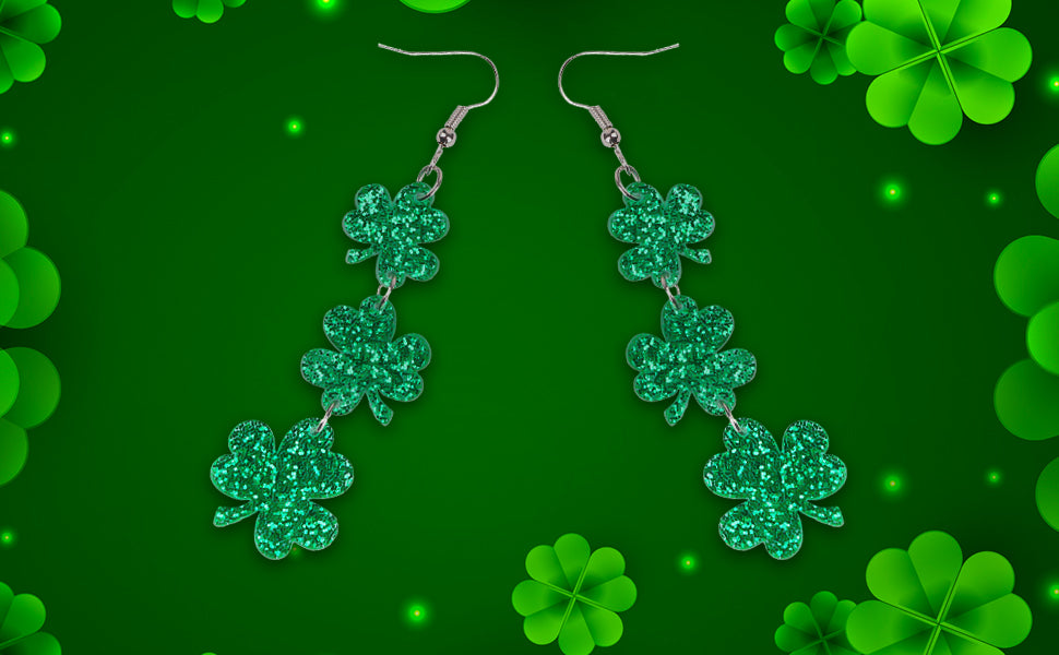 Green Shamrock Dangle Earrings for Women, St. Patrick's Day Accessories Good Luck Hoop Earrings